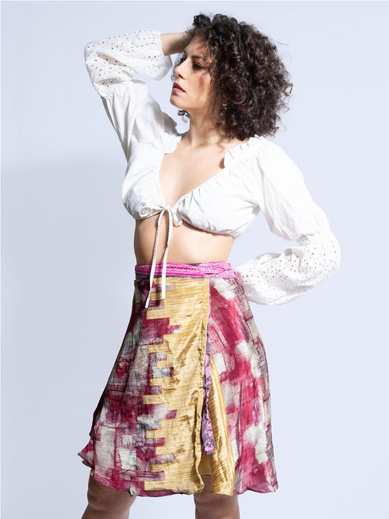 Mini Gonna etnica a portafoglio rosa e magenta – Shiva