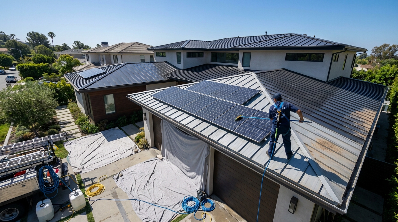 Worker cleaning solar panels