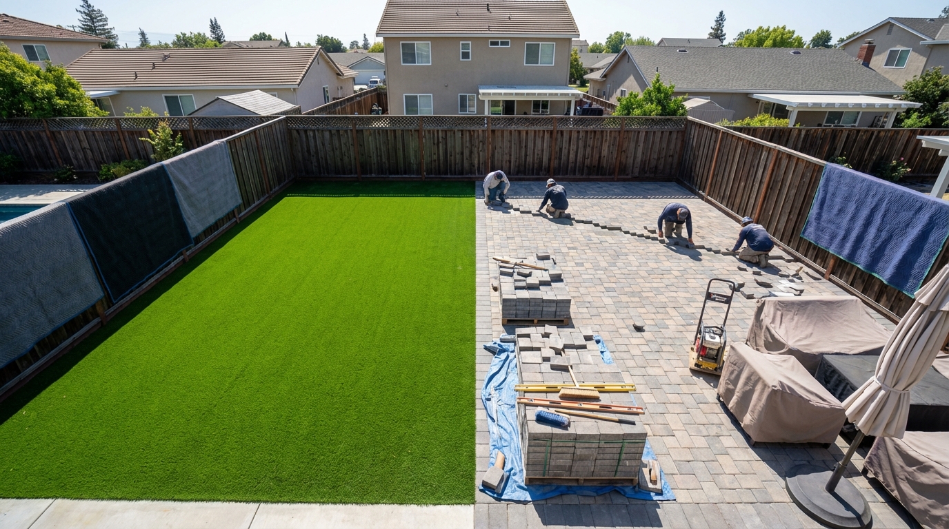 Workers installing pavers