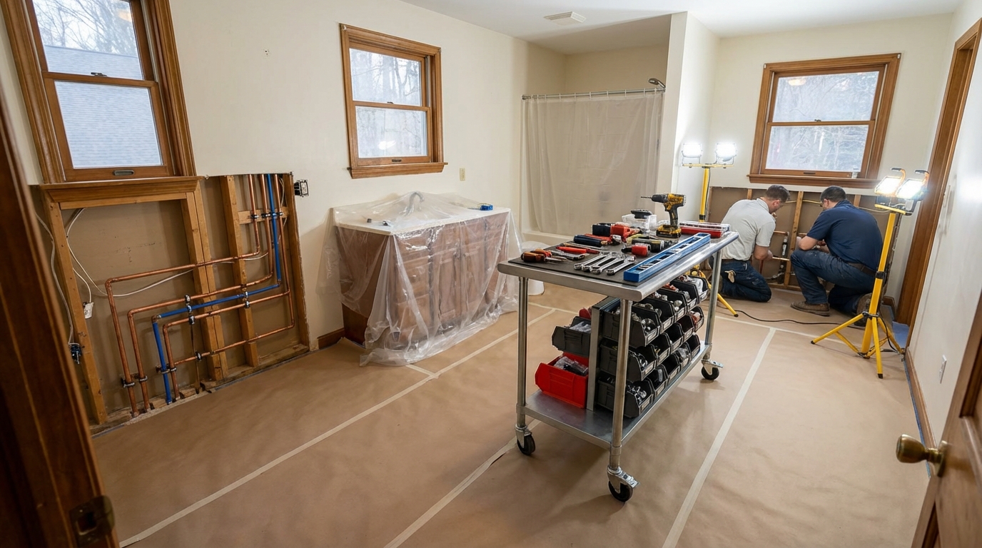 Plumbers installing pipes