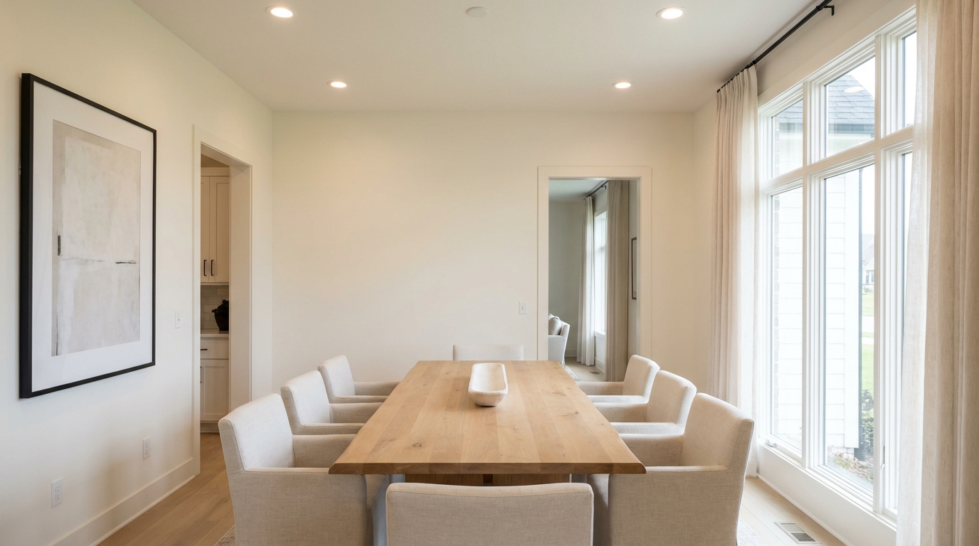 Finished dining room with fresh white paint by a painting contractor.