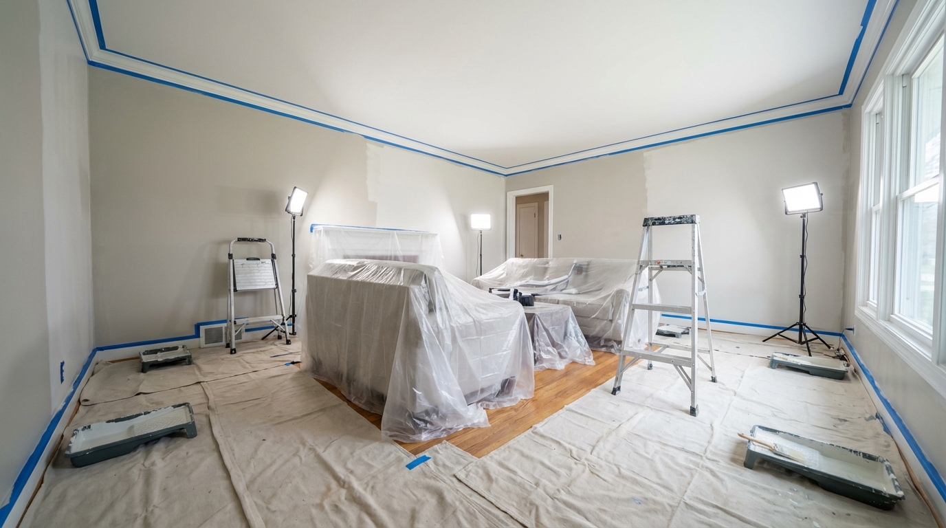 Interior living room prepped for painting with plastic and drop cloths.