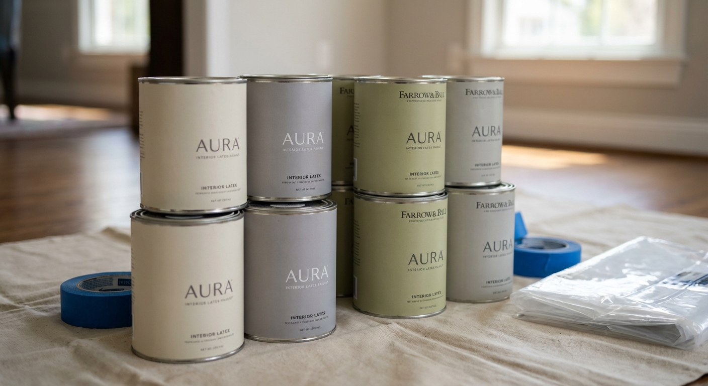 Professional grade paint cans and supplies used by a painting contractor.