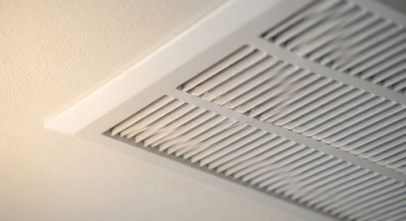 Close-up view of a clean return air vent on a ceiling.