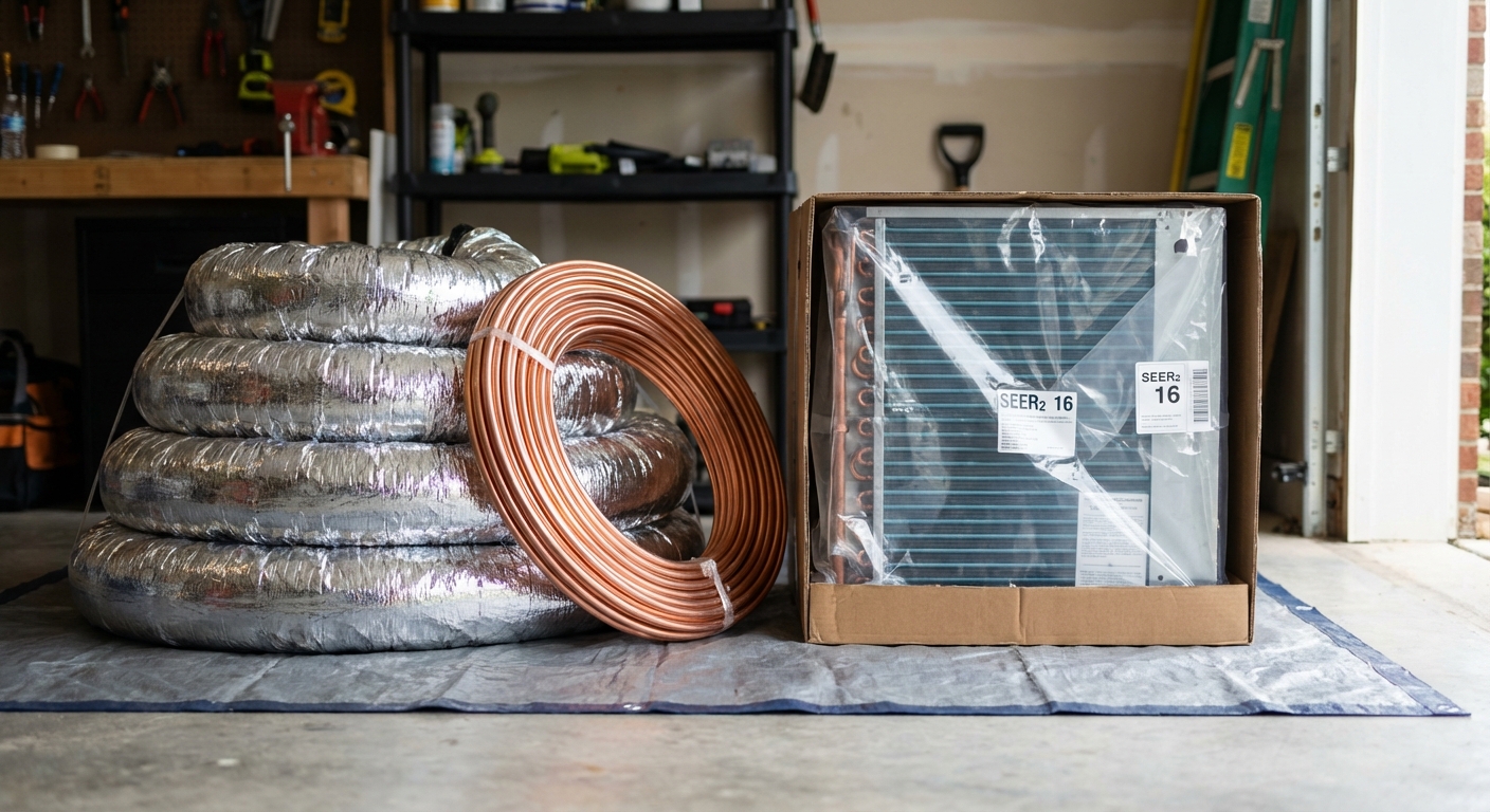 New HVAC ductwork, copper tubing, and evaporator coil ready for installation.