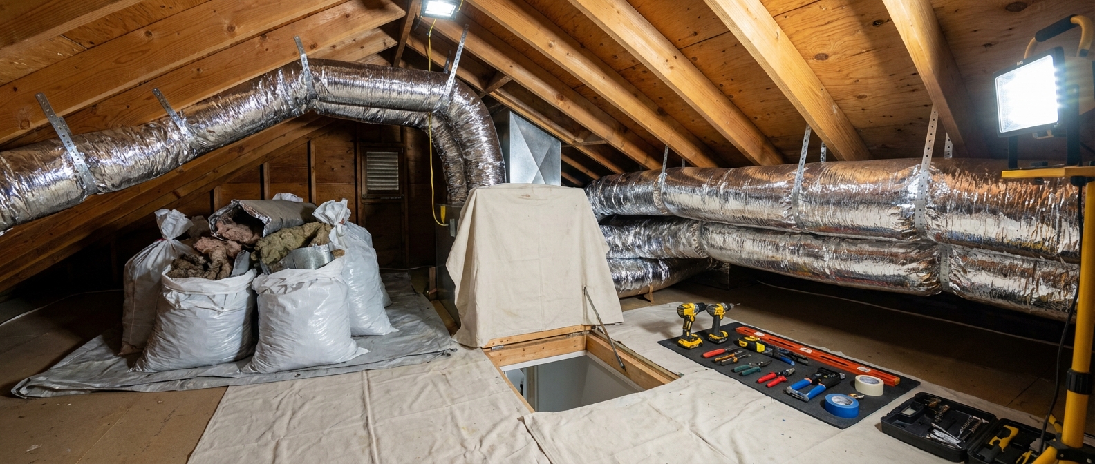 Attic HVAC ductwork installation in progress by a skilled HVAC contractor.