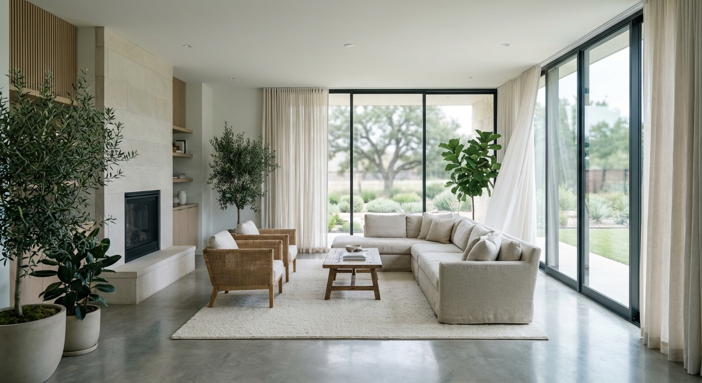 Spacious, modern living room showcasing comfortable ambiance from quality Pflugerville HVAC.