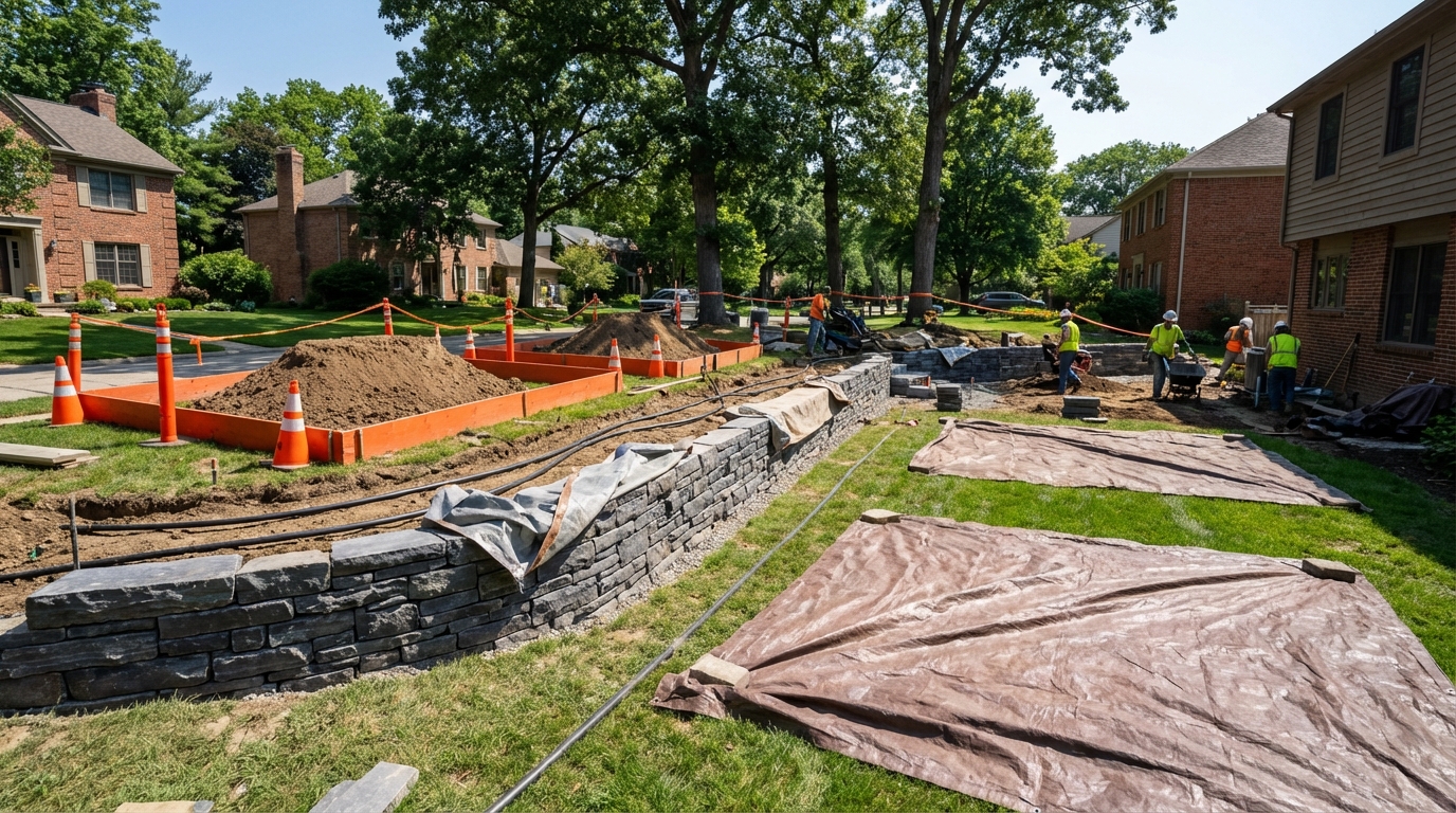 Workers installing stone