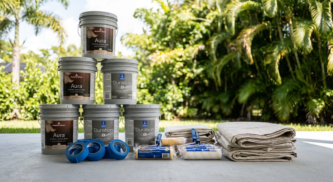 Benjamin Moore paint, rollers, and supplies