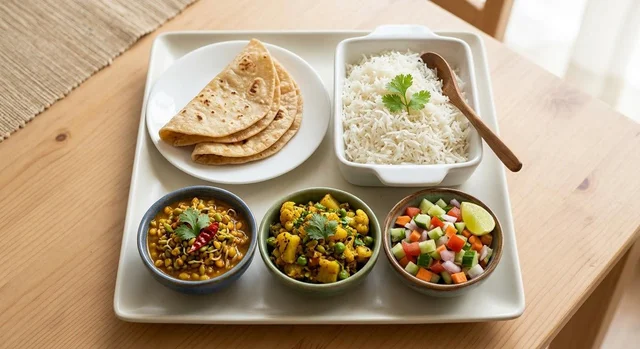 Rice, Vegetable, Beans/lentils Curry, Salad, 2 Rotis