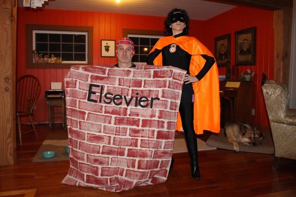 A man wearing a brick wall costume with the word ELSEVIER printed on it, next to a woman in a mask and orange cape.