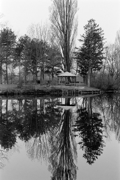 The black and white image shows a calm lakeside scene with tall trees and a small open gazebo on the shore. The still water perfectly mirrors the trees and the structure, creating a symmetrical reflection that fills the lower half of the image.