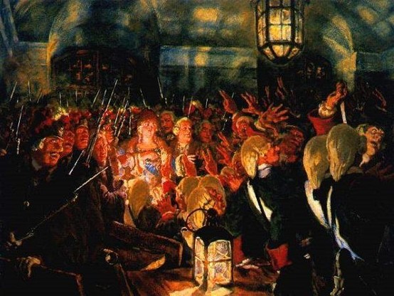 A rather dramatic painting of Elizabeth speaking to troops ahead of the uprising. She is a white woman brightly lit by candle and lamp light. Surrounding her are men in uniform, many with bayonets mounted on their guns.