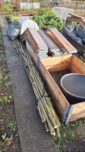 A bundle of willow branches lying on a garden path at an allotment plot.