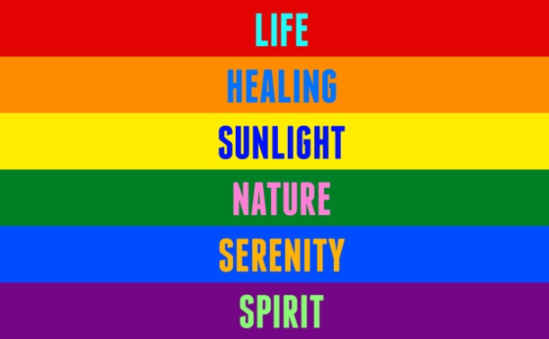 The six color pride flag with the original meaning of each color written on its respective stripe.
Red - Life
Orange - Healing
Yellow - Sunlight
Green - Nature
Blue - Serenity
Purple - Spirit The six color pride flag with the original meaning of each color written on its respective stripe.
Red - Life
Orange - Healing
Yellow - Sunlight
Green - Nature
Blue - Serenity
Purple - Spirit
