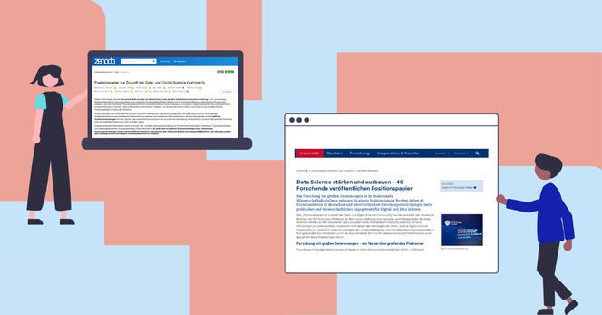 Grafik mit zwei Personen, die jeweils an einem Screen stehen, auf dem Screenshots der im Artikel erwähnten Publikationen zu sehen sind.