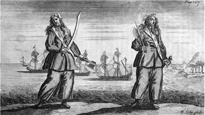 Near contemporary drawing of Mary Read and Anne Bonny with cutlasses drawn.