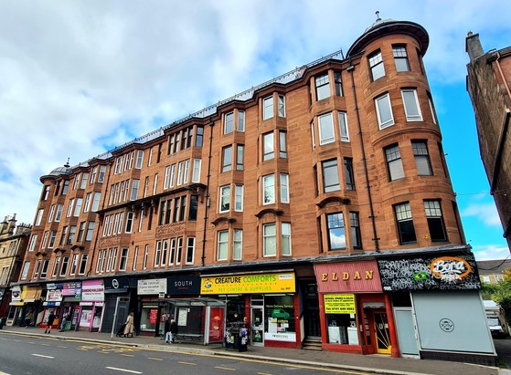 A red sandstone Edwardian tenement in Glasgow.