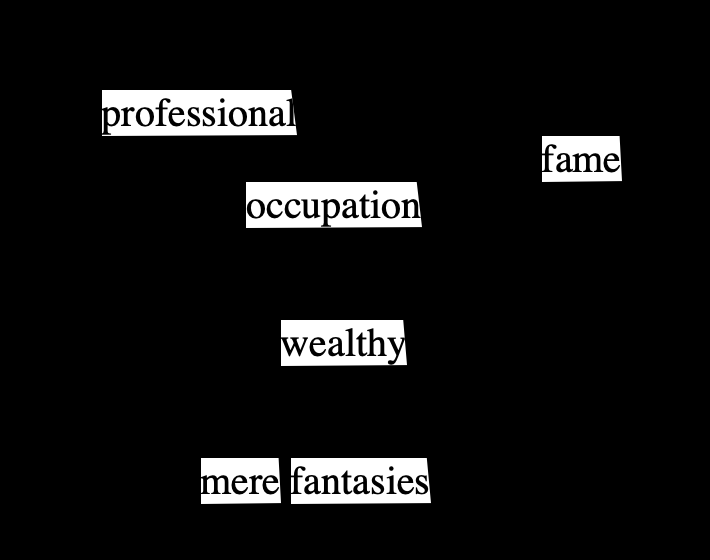 "Blackout poem" text: professional fame occupation wealthy mere fantasies 