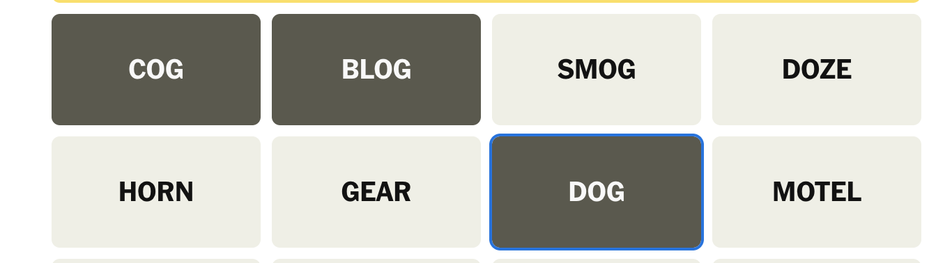 Cog, blog, dog are highlighted in a the NYT's connection puzzle.