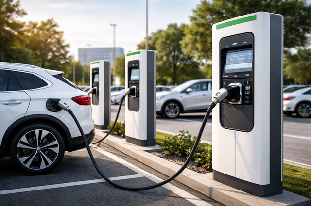 EV charging station at dusk