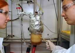 Výzkumníci Technické univerzity ve Vídni s modelem reaktoru v laboratoři © TU Wien.jpg