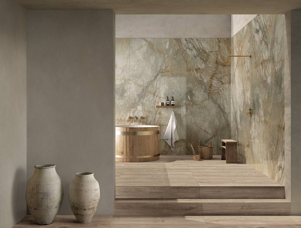 Room view created with Breccia Van Gogh tiles from the Infinito 2.0 collection