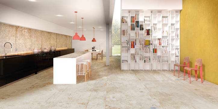 Raumabbildung Kitchen, Wohnzimmer, gestaltet mit Fliesen aus der Kollektion: Action