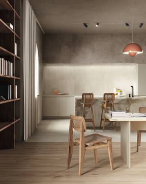 Raumabbildung Dining, Wohnzimmer, gestaltet mit Fliesen aus der Kollektion: Homescape