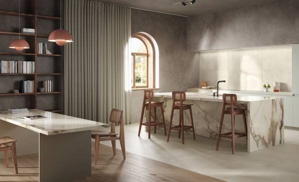 Raumabbildung Dining, Wohnzimmer, gestaltet mit Fliesen aus der Kollektion: Homescape