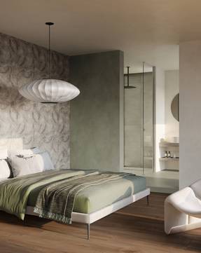 Raumabbildung Bedroom, Wohnzimmer, gestaltet mit Fliesen aus der Kollektion: Homescape