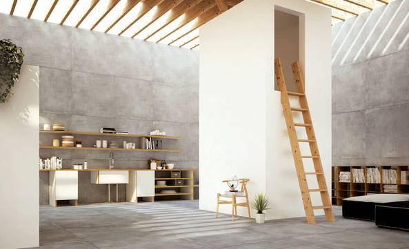 Raumabbildung Wohnzimmer, gestaltet mit Fliesen aus der Kollektion: Portland