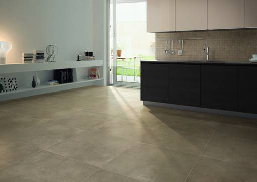 Raumabbildung Kitchen, Wohnzimmer, gestaltet mit Fliesen aus der Kollektion: Portland