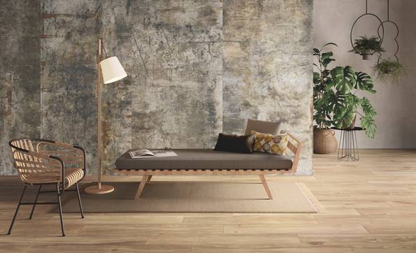 Raumabbildung Wohnzimmer, gestaltet mit Fliesen aus der Kollektion: Urban Craft