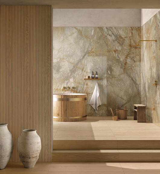 Image d'ambiance Salle de bain, réalisée avec des carreaux de la collection : Woodblock