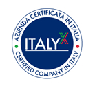 Blue circular mark with the words “Azienda certificata in Italia – Certified Company in Italy” and the Italy X tricolour logo.