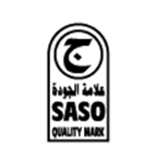 SASO Quality Mark logo, black Arabic and English lettering with stylised arch symbol, Saudi Arabian certification.