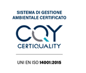 Blue and green Certiquality logo with black lettering ‘UNI EN ISO 14001:2015 certified environmental management system’.