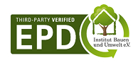 Green EPD logo with “Third-party verified” wording, house and tree icon, transparent environmental certification.