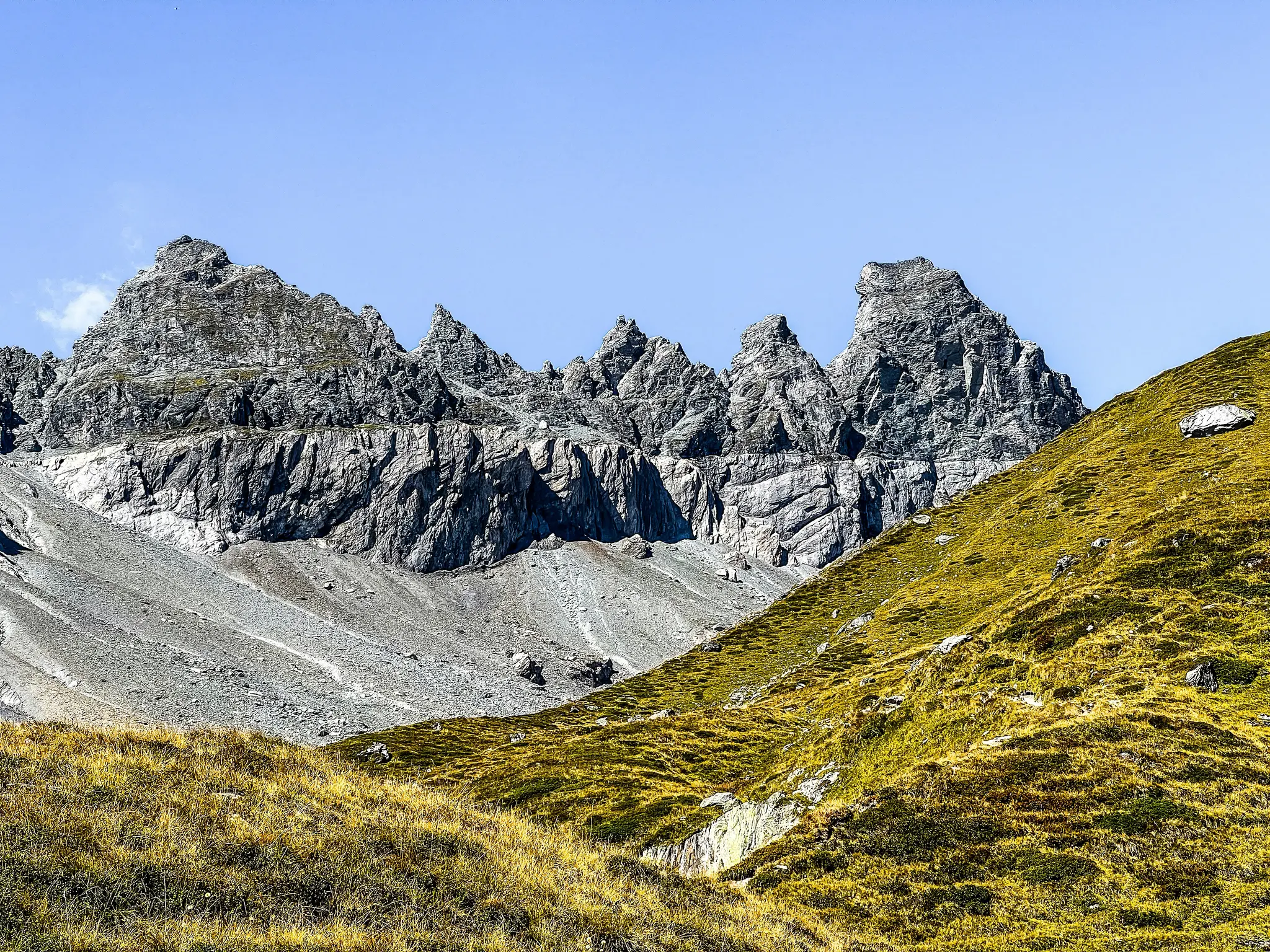Ett brett landskapsfoto som visar en rad skarpa, gråa bergstoppar under en klarblå himmel. Förgrunden har gröna...