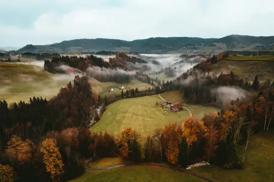 An aerial view of a misty autumn valley with rolling green and brown hills, dense forests with orange and red leaves, and…