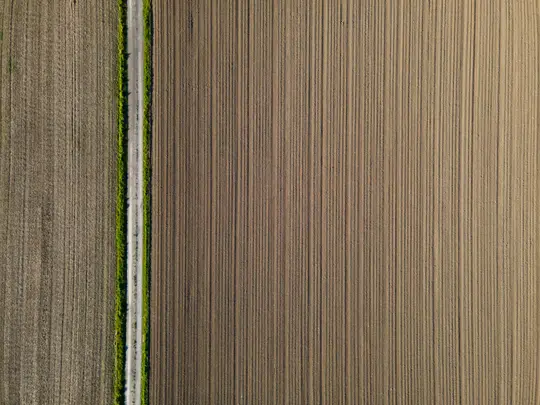 Eine Luftaufnahme von oben zeigt einen schmalen Feldweg mit grünen Rändern, der zwei große, braune, gepflügte Felder teilt.