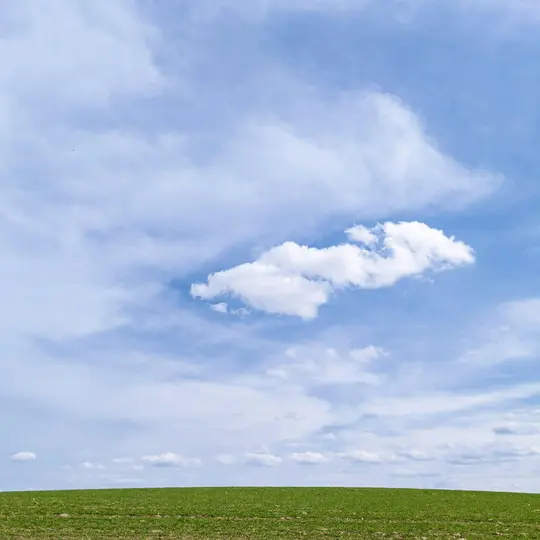 Una amplia fotografía paisajística que muestra un campo verde vibrante en primer plano y un cielo azul claro con nubes