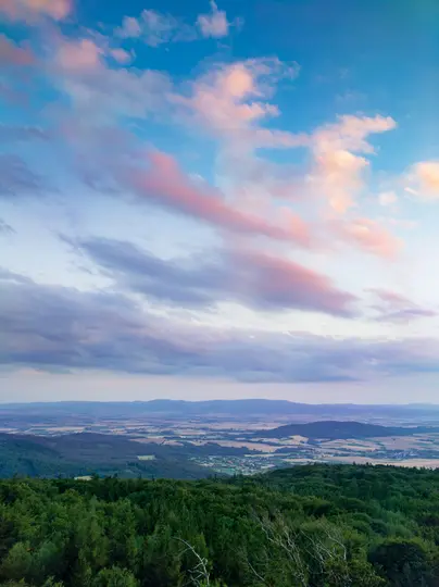 Una foto panorámica del paisaje tomada desde un mirador alto, que muestra una vasta extensión de bosques verdes, campos y…