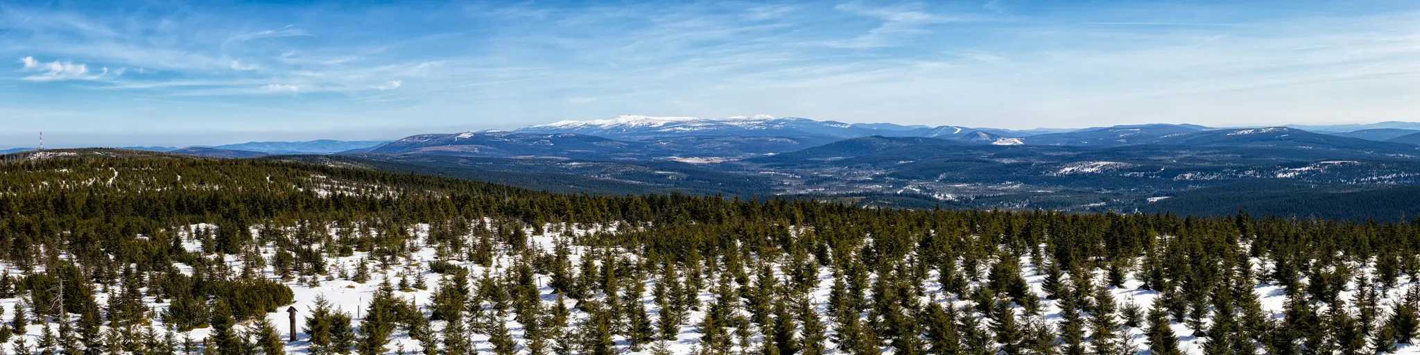 A wide panoramic shot of a snow-covered forest with countless evergreen trees stretching into the distance. Beyond the…