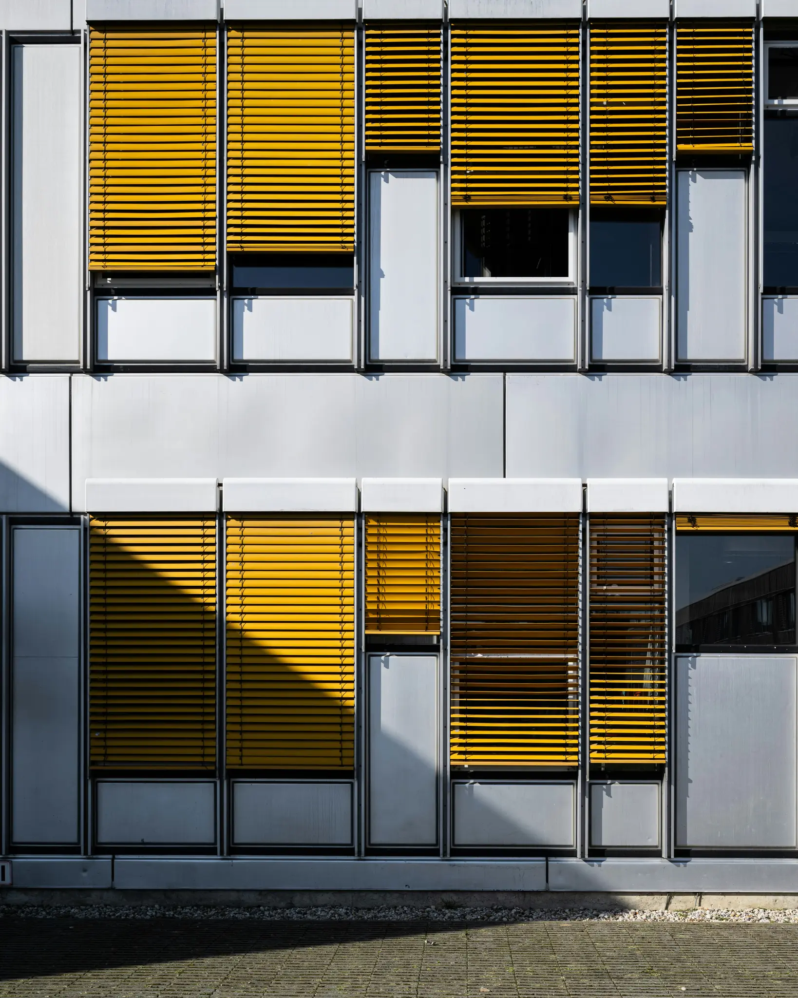 Vista de primer plano, a la altura de los ojos, de una fachada moderna de edificio con persianas horizontales amarillas en