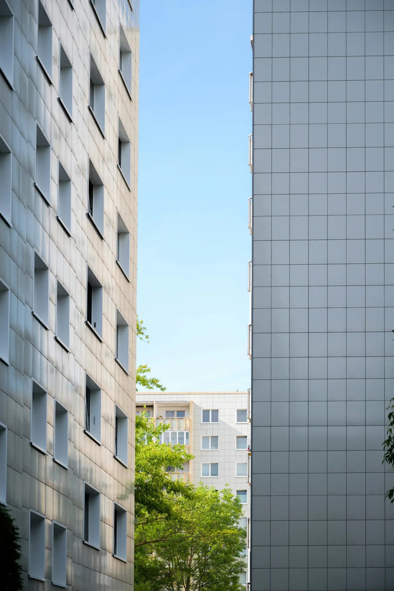 Una toma vertical de un estrecho espacio entre dos edificios altos y de color claro, que revela un tercer edificio y árboles