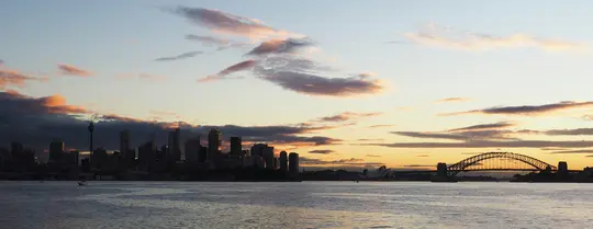 Una foto panoramica dello skyline di Sydney e del Harbour Bridge stagliati contro un cielo al tramonto con sfumature