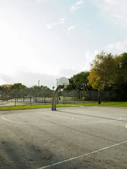 Un campo da basket esterno vuoto con un solo canestro, circondato da erba verde, alberi e una…