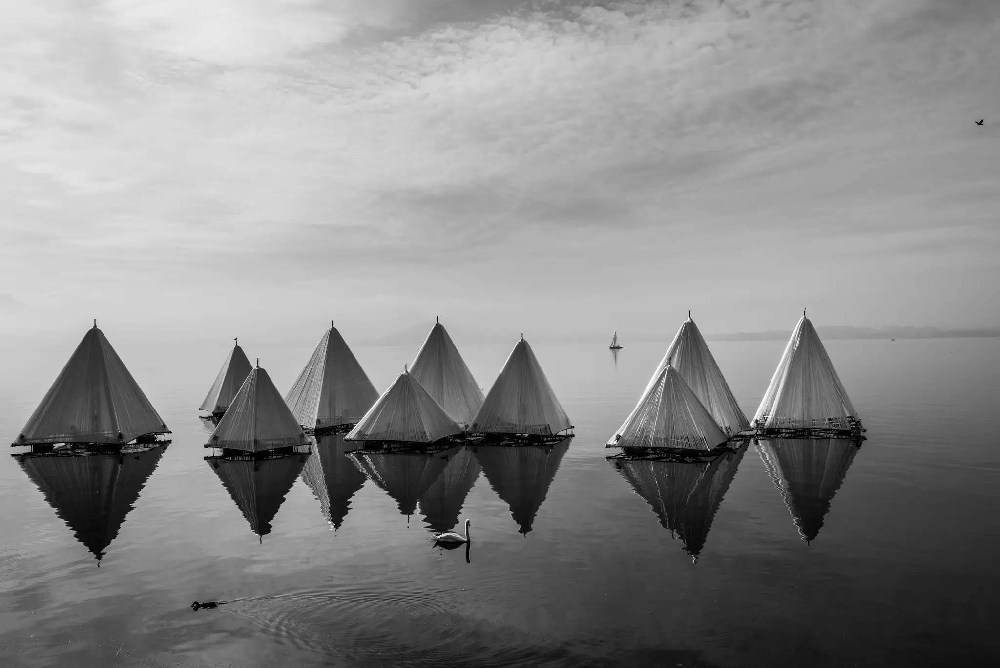 Sort-hvidt billede af flere pyramideformede strukturer, der flyder på roligt vand og reflekteres på overfladen. En lille…